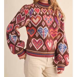 NEW &MERCI hearts crewneck sweater in brown multi